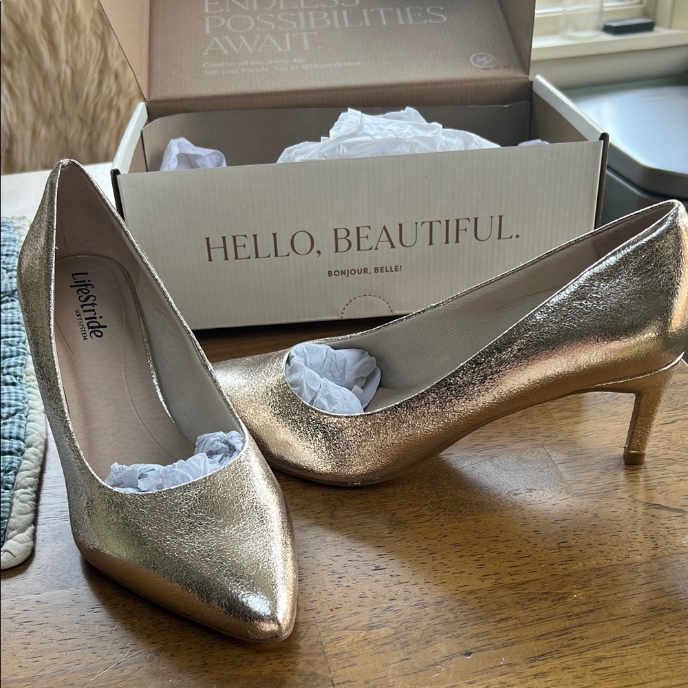 Life Stride Women's Metallic Gold Pointed-Toe Mid Heel Pumps